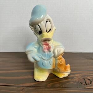 Vintage 50s Donald Duck Ceramic Figurine Hooked Fish Pastel 7" Walt Disney USA